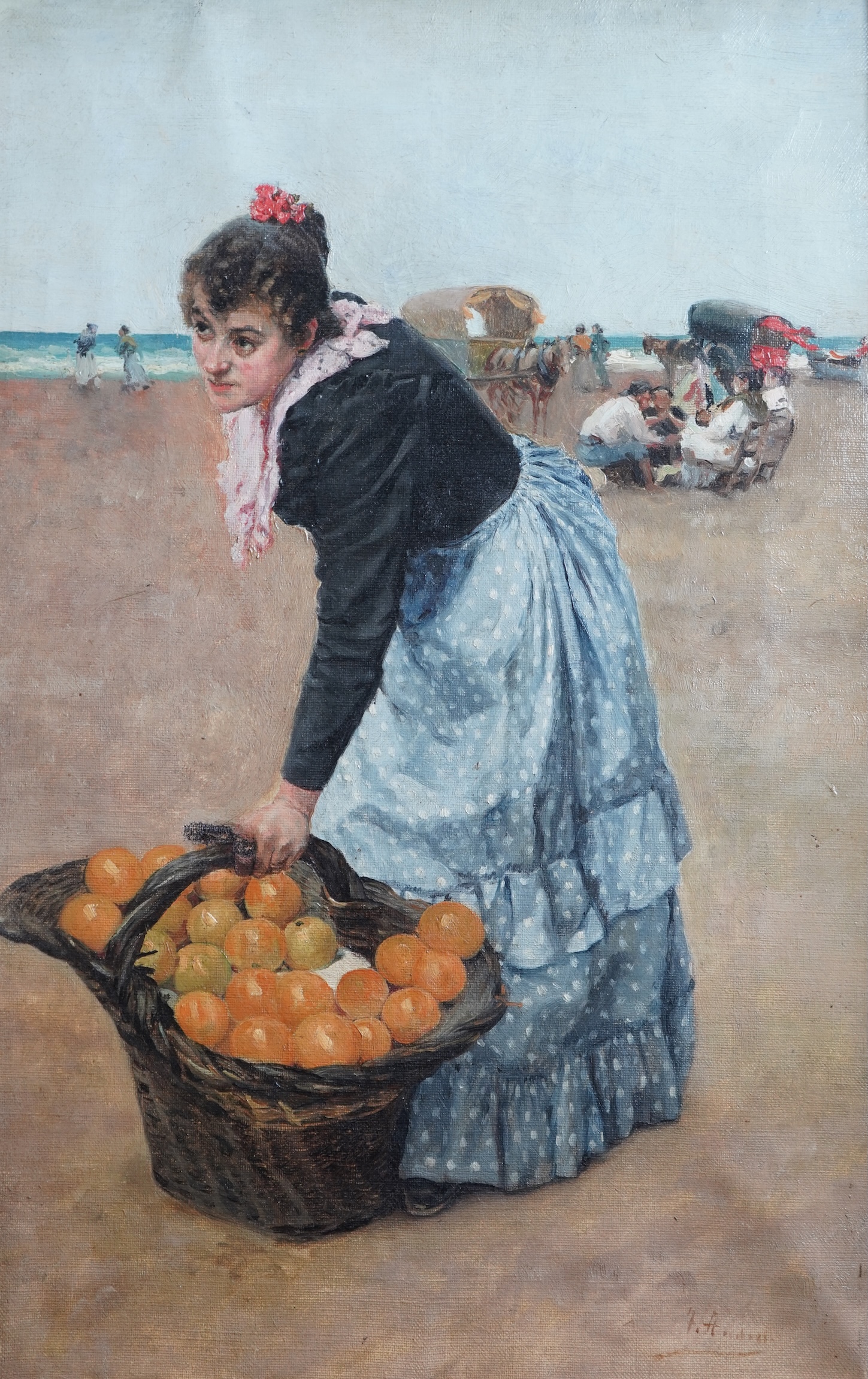 Spanish School, 20th century, Study of a fruit seller on a beach